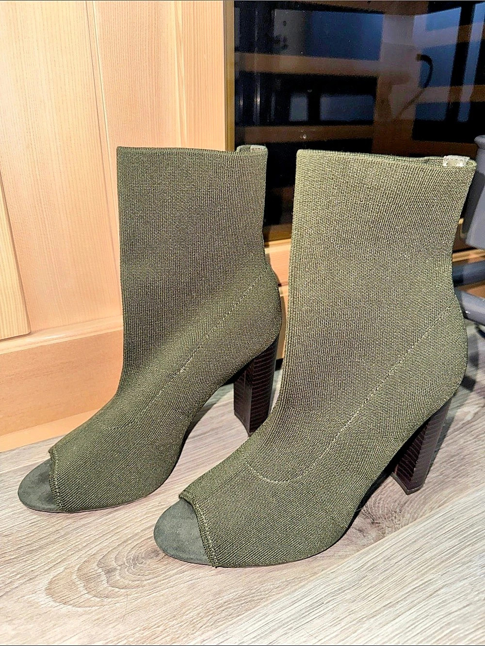 Brash Olive Knit Peep-Toe Block Heel Bootie Green